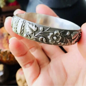 Handcrafted Antique Silver Horse  Hoof Bangle - Peony Bloom Design